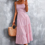 kkboxly  Plaid Ruffle Hem Cami Dress, Casual Backless Lace Up Spaghetti Dress, Women's Clothing