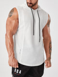 kkboxly  Men's Sleeveless Drawstring Hooded Vest With Reflective Patterns  Activewear Tank Top For Gym Workout