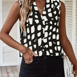 kkboxly   Graphic Print Button V Neck Blouse, Casual Sleeveless Blouse For Spring & Summer, Women's Clothing