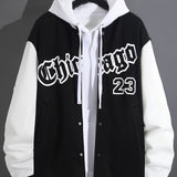 kkboxly Plus Size Men's "CHICAGO" Print Baseball Jacket Oversized Band Collar Jacket For Spring/autumn, Men's Clothing