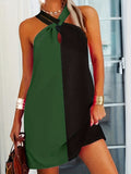 kkboxly  Color Block Halter Neck Dress, Casual Criss Cross Sleeveless Dress For Spring & Summer, Women's Clothing