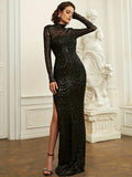 kkboxly  Sequined Mock Neck Bridesmaid Dress, Elegant Long Sleeve Split Dress For Party & Banquet, Women's Clothing