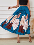 Floral Print Flared Pleated Skirt, Elegant Elastic Waist Midi Skirt, Women's Clothing