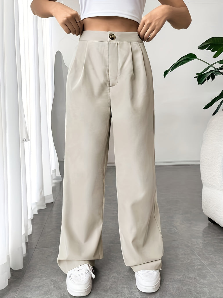 kkboxly  Solid Pleated Wide Leg Pants, Elegant High Waist Long Length Pants, Women's Clothing