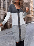 kkboxly  Color Block Button Up Knit Cardigan, Casual Long Sleeve Longline Sweater With Pocket, Women's Clothing