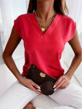 kkboxly  Elegant Solid V Neck Blouse, Short Sleeve Blouse For Spring & Summer, Women's Clothing