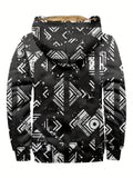Printed Warm Fleece Coat, Men's Casual Hooded Warm Thick Jacket For Fall Winter