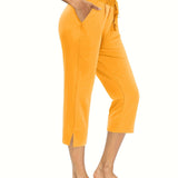 kkboxly  Minimalist Split Hem Cropped Pants, Casual Solid Drawstring Elastic Waist Simple Pants, Women's Clothing