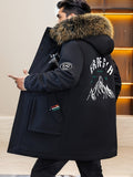 Men's Casual Mountain Print Hooded Warm Thick Jacket, Chic Fleece Lined Coat For Fall Winter
