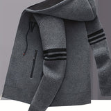 Men's Striped Fleece Hooded Cardigan, Casual Slightly Stretch Breathable Zip Up Thermal Jacket For Fall Winter Outdoor