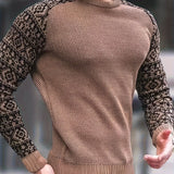 Waffle Trendy Patchwork Sweatshirt, Men's Casual Ethnic Pattern Sleeves Crew Neck Sweatshirt For Men Fall Winter