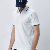 kkboxly  Men's Striped Cuffs Breathable Solid Color Golf Polo Shirt, Men's Casual Button Up Collar Pullover T-Shirt Short Sleeve For Summer, Men's Clothing