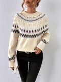 kkboxly  Geo Pattern Crew Neck Pullover Sweater, Casual Long Sleeve Loose Sweater, Women's Clothing
