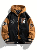 kkboxly Men's Casual Fake Two-piece Jacket, Chic Letter Embroidery Hooded Varsity Jacket