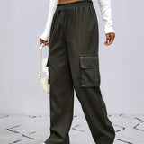 Straight Leg Cargo Pants, Y2K High Waist Solid Pants For Spring & Fall, Women's Clothing