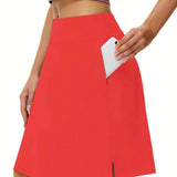 Tennis Sports Mid-Length Skorts, Soft Breathable Quick Drying Yoga Fitness Golf Skirts With Phone Pocket