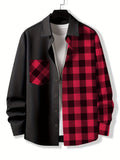 kkboxly  Stylish Collage Chest Pocket Plaid Pattern Casual Long Sleeve Button Up Shirt, Men's Clothes For Spring Summer Fall Outdoor