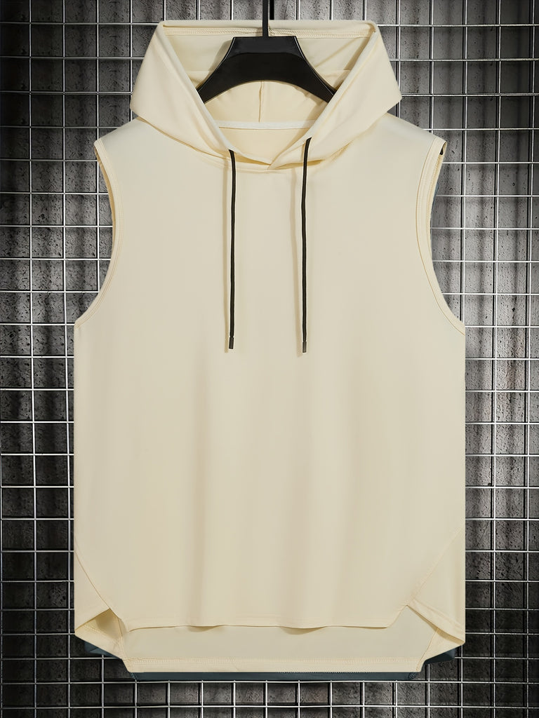 kkboxly  Mens Basic Slightly Stretch Hooded Sleeveless Drawstring Vest, Male Clothes For Summer