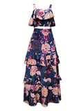 kkboxly  Floral Print Two-piece Skirt Set, Crop Tank Top & Layered Skirt Outfits, Women's Clothing