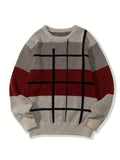 kkboxly  All Match Knitted Color Block Sweater, Men's Casual Warm Slightly Stretch Crew Neck Pullover Sweater For Men Fall Winter