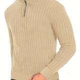 kkboxly  Men's Stand Collar Solid Knit Sweater , Men's Casual Lapel Slightly Stretch V-Neck Pullover Sweater For Men Winter Fall