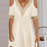 kkboxly  Contrast Lace Cold Shoulder Dress, Casual V Neck Short Sleeve Dress, Women's Clothing