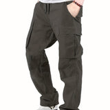 Cotton Solid Multi Flap Pockets Men's Straight Leg Cargo Pants, Loose Casual Outdoor Pants, Men's Work Pants For Hiking Fishing Angling