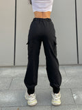 Solid Flap Pockets Cargo Pants, Casual Elastic Waist Pants For All-season, Women's Clothing