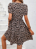 2025 kkboxly  Leopard Print V Neck Dress, Casual Short Sleeve Elastic Waist Dress For Spring & Summer, Women's Clothing