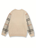 Men's Plus Size Pullover Knit Sweater, Trendy Sweater With Plaid Print Sleeves For Spring/autumn/winter