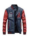 kkboxly Men's Casual Pockets "R" Print Zipper Long Sleeves Baseball Collar PULeather Jacket