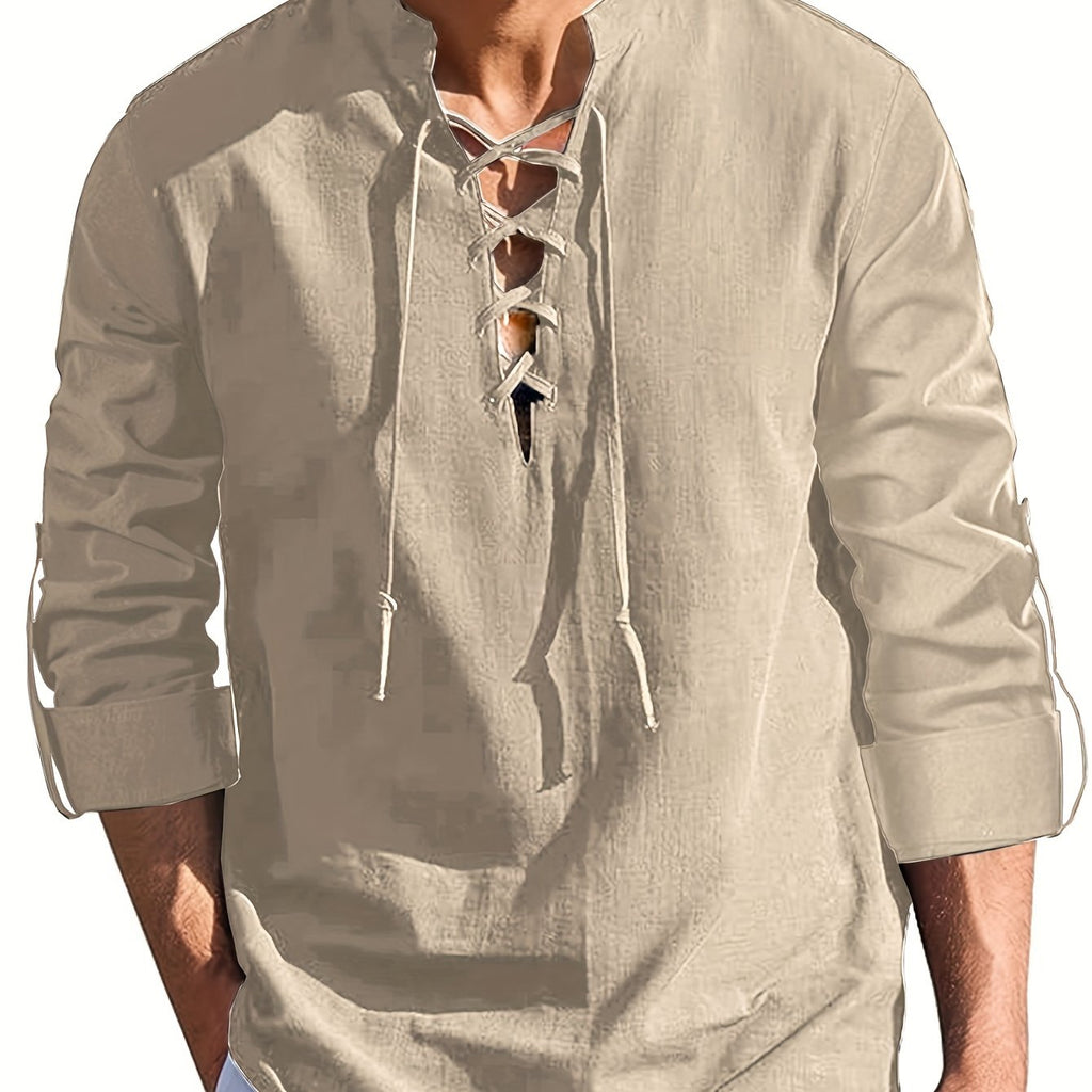 kkboxly  Men's Casual Cotton Linen Shirt Solid Color Drawstring Shirt