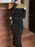 kkboxly  Color Block Cut Out Dress, Casual Mock Neck Long Sleeve Dress, Women's Clothing