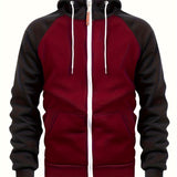 kkboxly  Men's Casual Zip Up Hoodie, Color Block Hooded Jacket For Sports