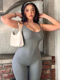 kkboxly  Solid Scoop Neck Romper, Sexy Spaghetti Strap Sleeveless Workout Romper, Women's Clothing