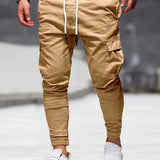 Trendy Solid Drawstring Cargo Pants, Men's Multi Flap Pocket Trousers, Loose Casual Outdoor Pants, Men's Work Pants Outdoors Streetwear Hip Hop Style