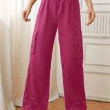 kkboxly  Flap Pockets Straight Leg Cargo Pants, Casual High Waist Pants, Women's Clothing
