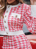 kkboxly  Houndstooth Print Elegant Two-piece Set, Button Front Long Sleeve Tops & Bag Hip Mini Skirts Outfits, Women's Clothing