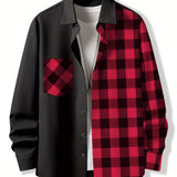 kkboxly  Stylish Collage Chest Pocket Plaid Pattern Casual Long Sleeve Button Up Shirt, Men's Clothes For Spring Summer Fall Outdoor