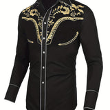 kkboxly 98% Cotton Elegant Western Cowboy Men's Casual Long Sleeve Embroidered Shirt, Men's Shirt For Spring Fall Vacation Resort, Tops For Men