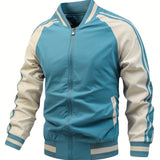 kkboxly  Men's Color Block Graphic Sports Jacket, Casual Striped Zip Up Varsity Jacket For Outdoor Fall Winter