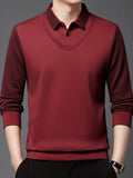 kkboxly Men's Casual Thickened Striped Long Sleeve Shirt, Faux Two-piece Pullover Sweater
