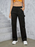 kkboxly  Plain Flap Pockets Cargo Pants, Loose Fit High Waist Wide Legs Sports Straight Jeans, Women's Activewear