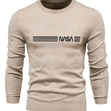 All Match Knitted Sweater, NASA Pattern Men's Casual Warm Mid Stretch Crew Neck Pullover Sweater For Men Fall Winter