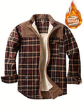 kkboxly  Men's Plaid Print Jacket, Windproof Thermal Patchwork Lapel Winter Shirt For Men's Winter Outdoor Activities