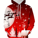 kkboxly  Christmas Elk& Santa Print Hoodie, Cool Hoodies For Men, Men's Casual Graphic Design Pullover Hooded Sweatshirt With Kangaroo Pocket Streetwear For Winter Fall, As Gifts