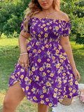 kkboxly  Plus Size Casual Dress, Women's Plus Floral Print Shirred Lettuce Trim Off Shoulder Smock Dress
