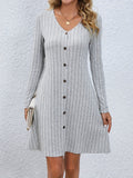 kkboxly  Solid Ribbed Dress, Casual Button Front V Neck Long Sleeve Dress, Women's Clothing
