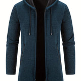 kkboxly  Warm Mid-length Hooded Fleece Coat, Men's Comfortable Solid Color Zip Up Knitted Cardigan For Spring Fall