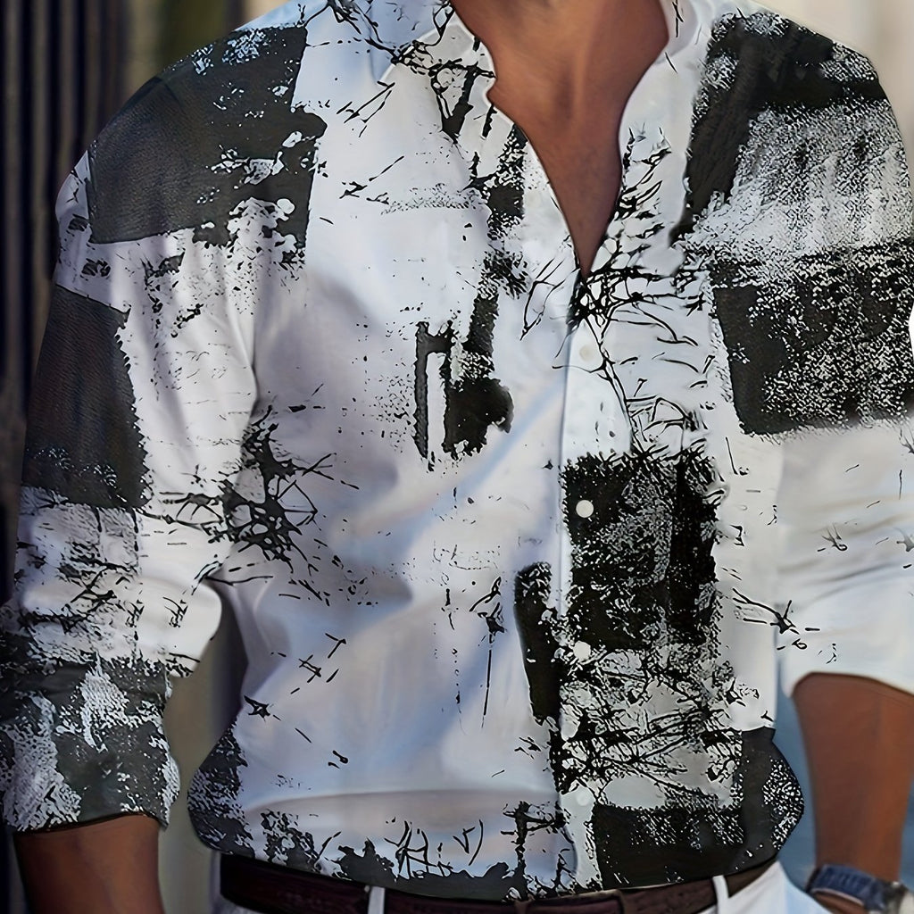 kkboxly  Men's Handsome Shirt, Ink Painting Print Long Sleeve Shirt For Autumn/winter, Men's Clothing, Plus Size